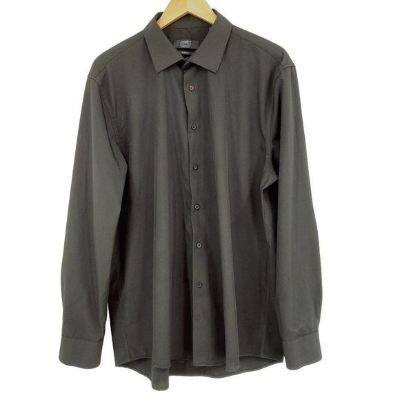 Mens Jones NY Signature XL Jet Black Stretch Dress Shirt 2333 EUC Neck 17-17.5 - Picture 1 of 8